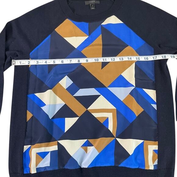 J.Crew Silk Front Merino Wool Sweater Size S | Blue Tan Geometric Print - Picture 9 of 10